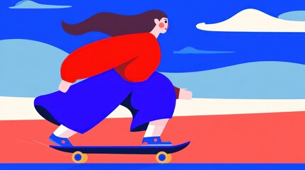 Fototapeta premium Colorful illustration of a woman skateboarding with a vibrant sky and stylized landscape background