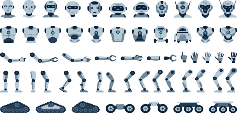 Futuristic humanoid robot construction kit vector set featuring sleek heads torsos mechanical limbs hands and tracks for advanced artificial intelligence and cybernetic character design,