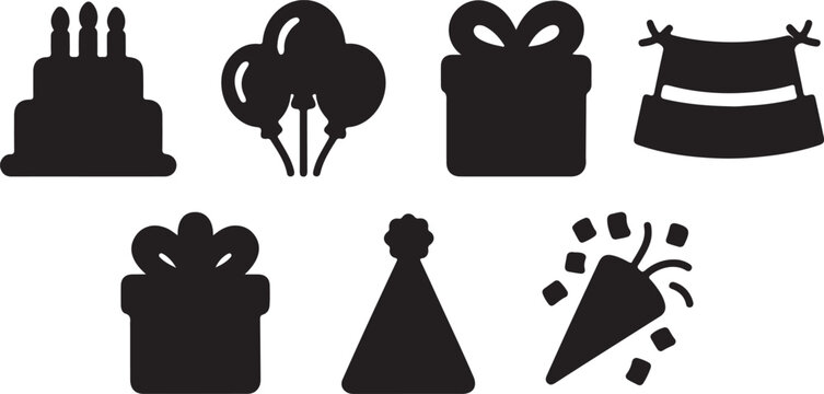 Colorful birthday icons vector set with cake balloons gift box party hat candles confetti and celebration elements, modern flat design editable illustration for greeting cards posters social media