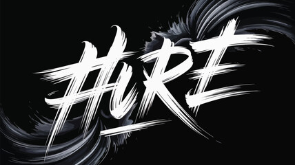 Abstract white brushstroke typography spelling hire with swirling dynamic energy © MdSafi