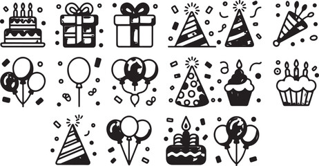 Colorful birthday icons vector set with cake balloons gift box party hat candles confetti and celebration elements, modern flat design editable illustration for greeting cards posters social media © Arts of Mim