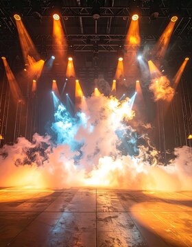 A brightly lit stage is filled with smoke and dramatic lighting effects, creating an atmosphere of anticipation.