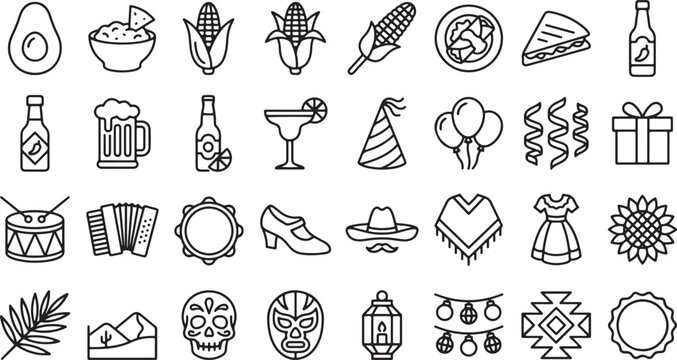 Mexican culture and fiesta icon set featuring traditional food, drinks, music, decorations, and celebration outline vector symbols