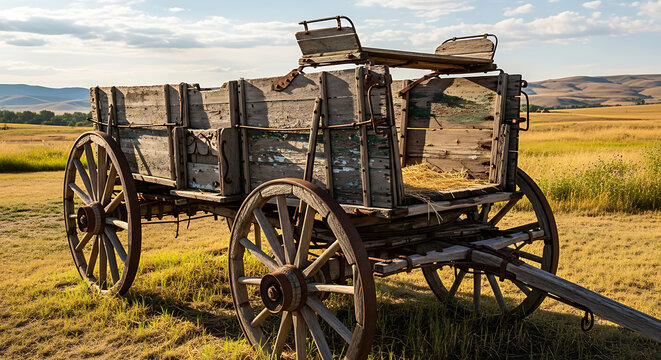 Rustic wooden horse drawn wagon with spoked wheels on transparent background