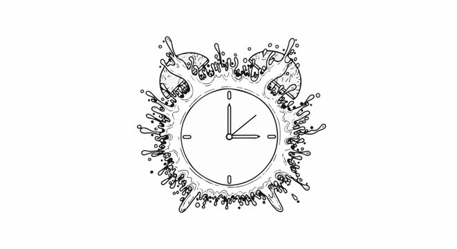 A clock face is engulfed in an explosion of liquid splashes and droplets