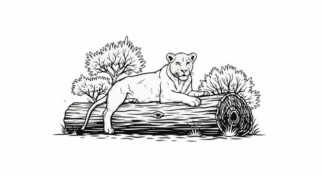 A detailed sketch of a lioness resting on a fallen log with trees behind