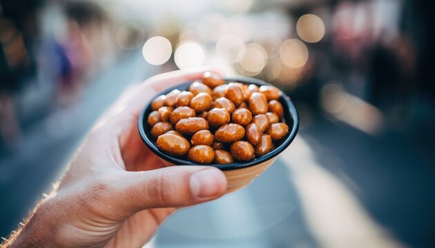 Hand holding a small bowl of roasted peanuts with bokeh background.