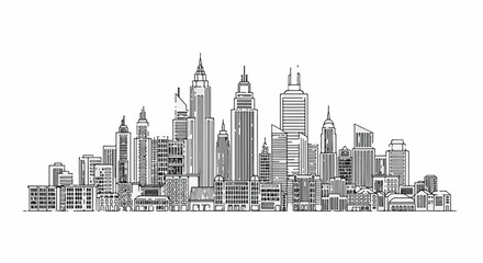 Obraz premium A black and white line art illustration of a dense city skyline with diverse buildings
