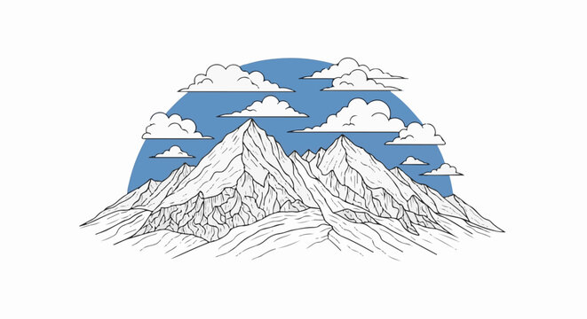 Stylized sketch of rugged mountain peaks under a cloudy blue sky