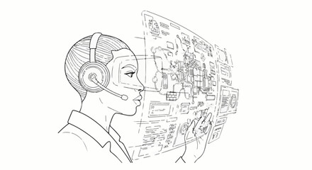 Obraz premium Woman with headset interacts with futuristic digital interface