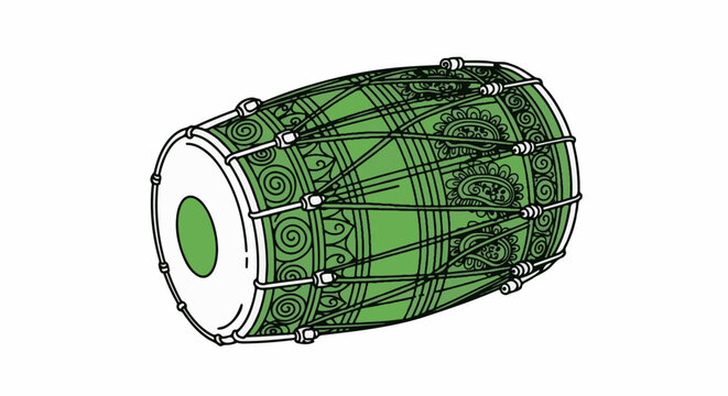 A green dholak drum with intricate traditional patterns and rope ties