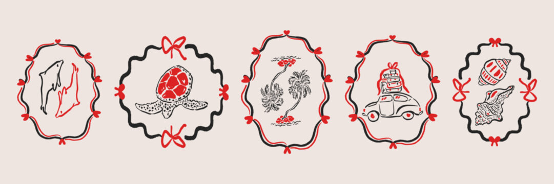 Marine life frames and sea animal icons in hand drawn doodle style. Turtle, crab and fish elements for nautical invitations and summer scrapbook sets.