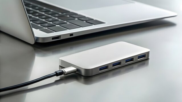 USB‑C Hub Beside Laptop Polished Workspace Neutral Tone Reflection, Sleek Modern Tech Concept Highlighting Connectivity, Efficiency, Minimal Office Setup, And Contemporary Design