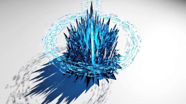 A blue and black abstract object with sharp spikes radiates from a central point, surrounded by a swirling light blue circle on a gray background