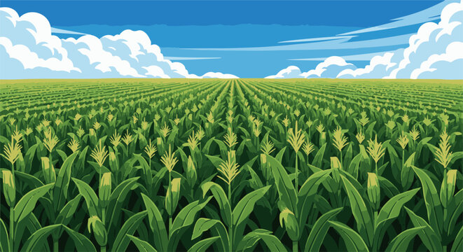 Vast pixelated cornfield under a bright blue sky with fluffy clouds