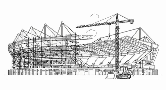 A detailed architectural sketch of a stadium under construction, featuring cranes and machinery