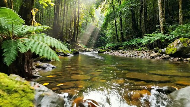 Sunlight filtering through lush green forest canopy onto a clear stream flowing over mossy rocks, tranquil nature scene