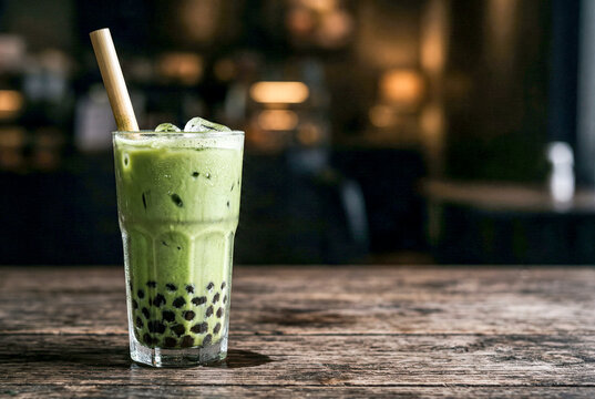 木のテーブルに置いた抹茶タピオカドリンク