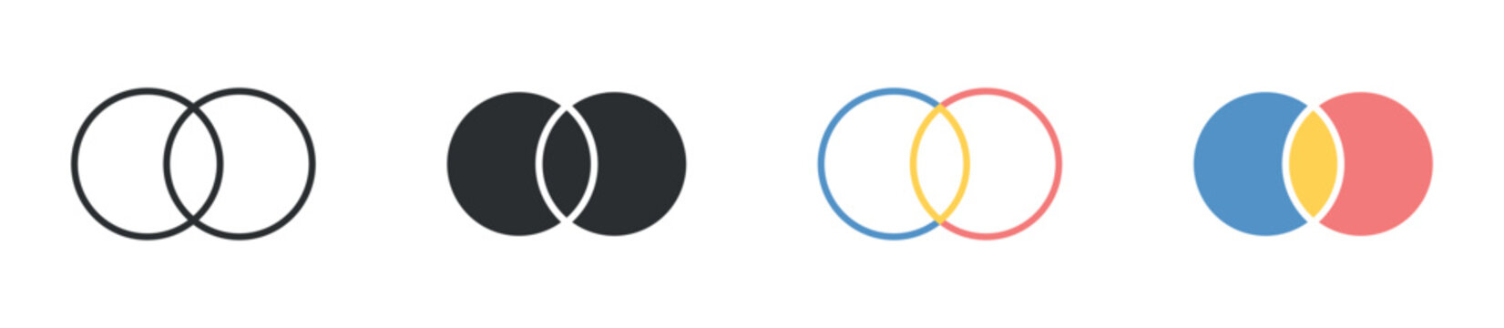 venn diagram circles icon set. overlapping shapes symbol. comparison, intersection, data relationship concept. vector illustration.