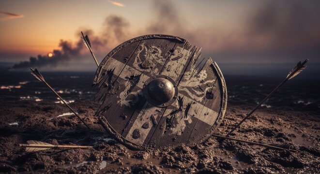 Shattered Viking Shield in Muddy Battlefield