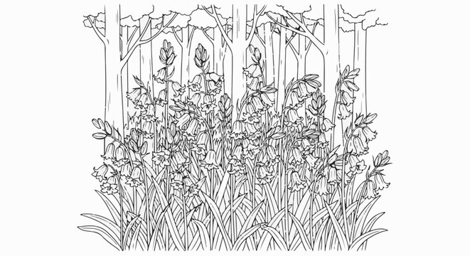 Black and white drawing of bluebells blooming in a forest with trees