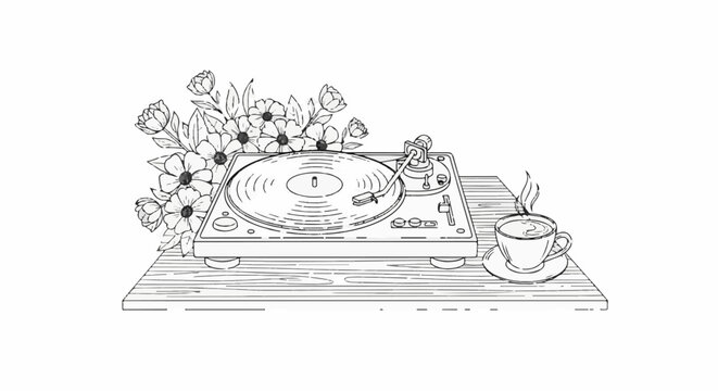Still life with record player, flowers, and a steaming cup of coffee
