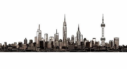 Obraz premium Stylized monochrome city skyline with diverse architectural styles and a prominent tower
