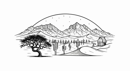 Naklejka premium Desert landscape with mountains, cacti, a lone tree, and an observatory under stars