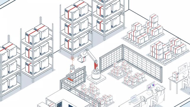 Automated Guided Vehicles AGV and Autonomous Mobile Robots AMR Moving Goods in Modern Warehouse. Isometric 4K Animation
