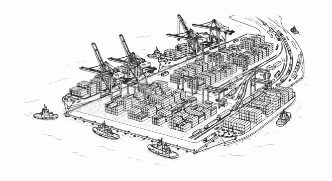 Busy port with cranes loading and unloading cargo ships and tugboats assisting