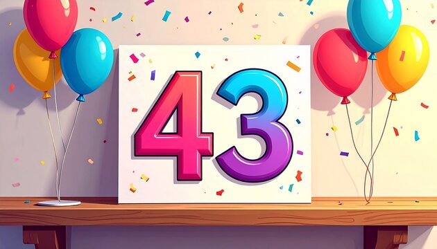 Birthday or anniversary card with number 43. Cartoon illustration with bright colors and balloons