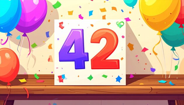 Birthday or anniversary card with number 42. Cartoon illustration with bright colors and balloons