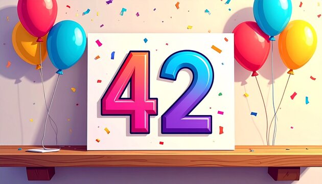 Birthday or anniversary card with number 42. Cartoon illustration with bright colors and balloons