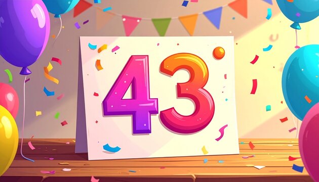 Birthday or anniversary card with number 43. Cartoon illustration with bright colors and balloons