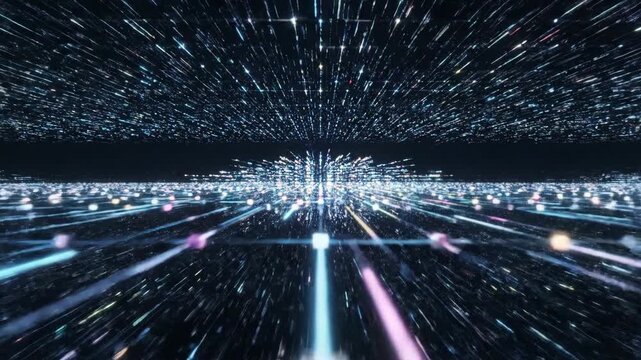 Futuristic cityscape with glowing lines and abstract light trails suggesting a digital network