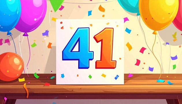 Birthday or anniversary card with number 41. Cartoon illustration with bright colors and balloons