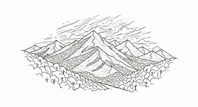 Stylized black and white sketch of a majestic mountain range under a dramatic cloudy sky