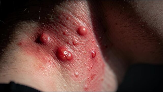 Close up video of inflamed red skin with painful blisters and rash showing skin irritation