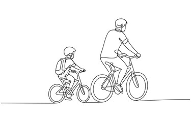 Fototapeta premium Family cycling in continuous line art drawing style, Father with his little son riding bicycles together.