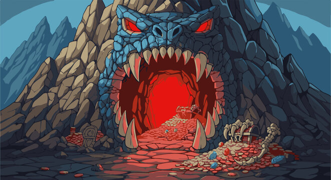 Pixel art depiction of a dragon's mouth cave entrance filled with treasure