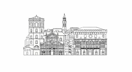 Obraz premium Detailed line drawing of an old European city skyline with varied architectural styles