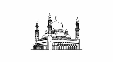 Naklejka premium Monochromatic architectural sketch of a grand mosque with domes and minarets