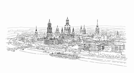 Fototapeta premium Sketch of a historic riverside city skyline with ornate domed architecture