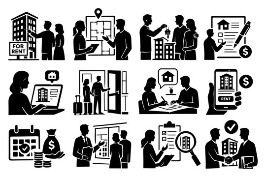 Real estate rent process: agents, contracts, and technology illustrations.
