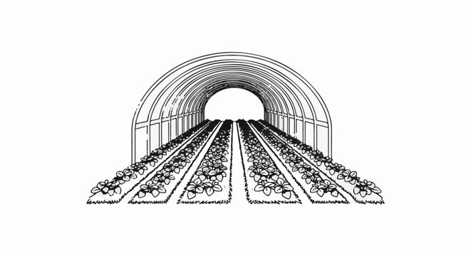 Greenhouse tunnel with rows of plants and an arched entrance