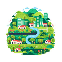 Naklejka premium Green Eco Cityscape with River and Hills - Sustainable Urban Living