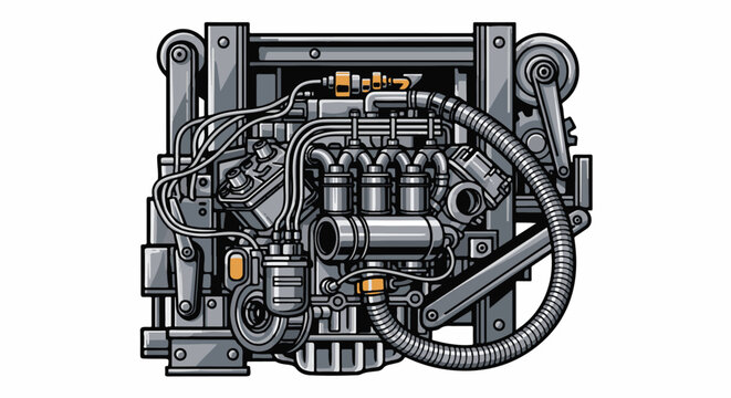 Intricate mechanical engine assembly with gray tones and orange accents