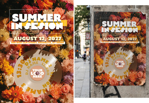 Summer Music Event Poster with Vinyl Record and Floral Background