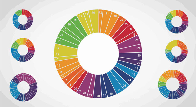 Multi-colored circular charts with numerical data segments