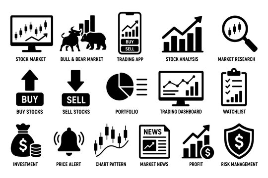 Financial market icons set featuring stock analysis and trading elements.